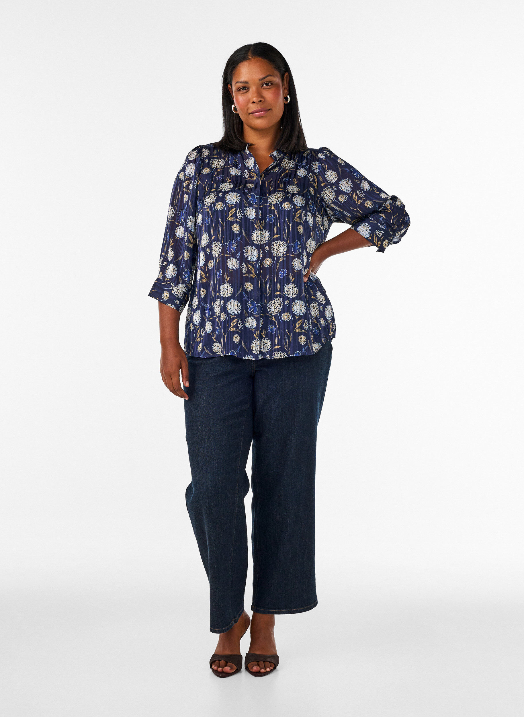 ZizziKoszula w krate z wykladanym kolnierzem i 3/4-sleeves, Niebieskie, Model image number 1