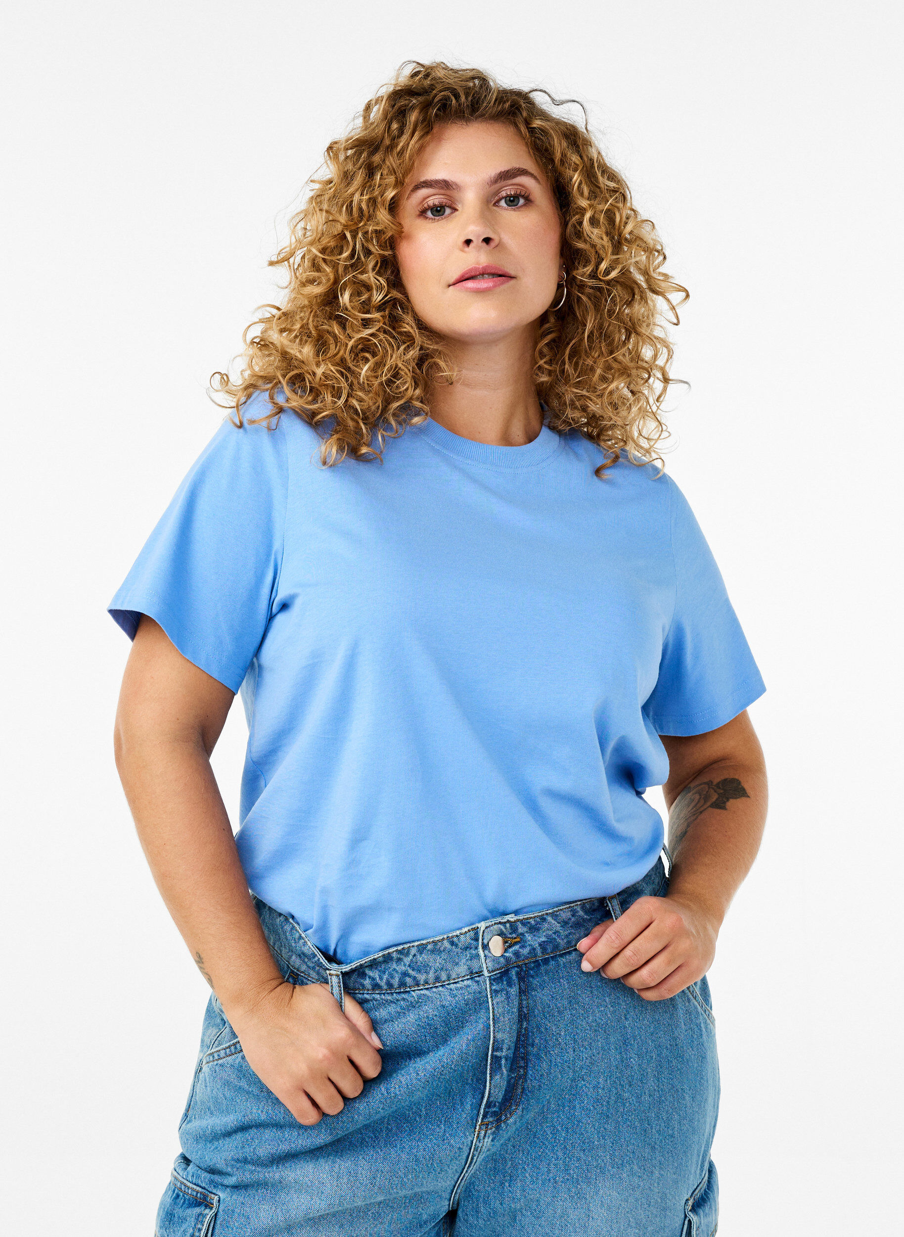 ZizziPodstawowa koszulka bawelniana z okraglym dekoltem, Niebieskie, Model image number 0