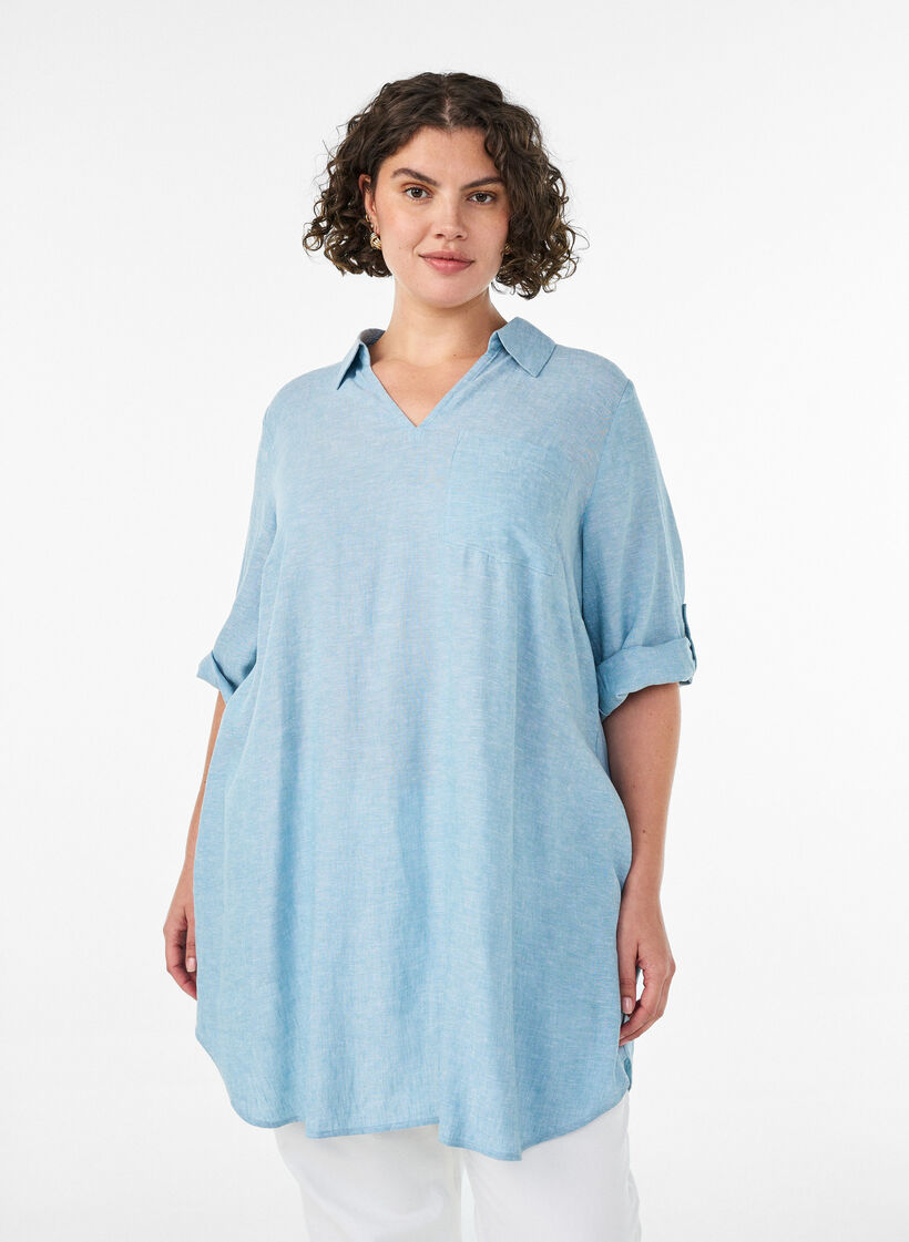Linen and viscose tunic with A-shape, Light Blue, Model image number 0