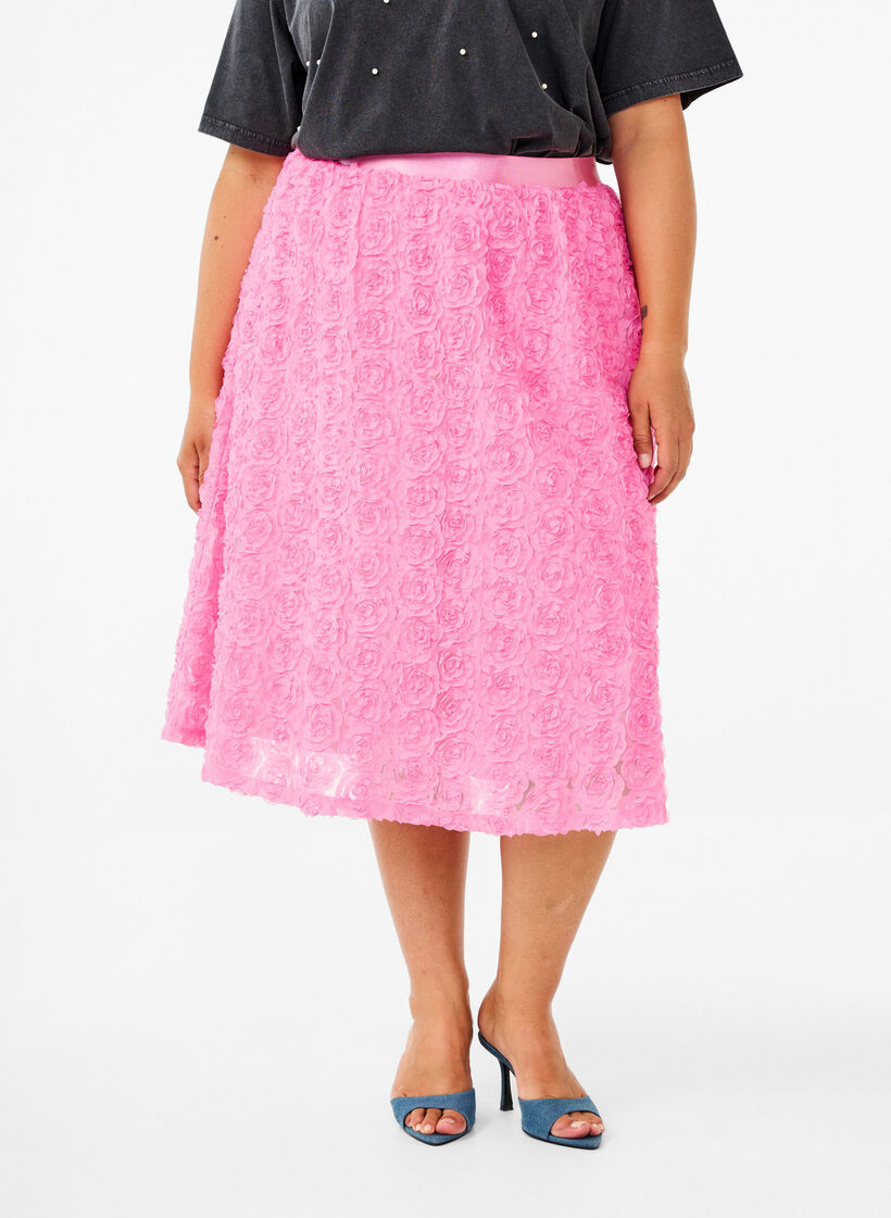 Spódnica midi w kwiaty 3D, Dianthus, Model image number 2