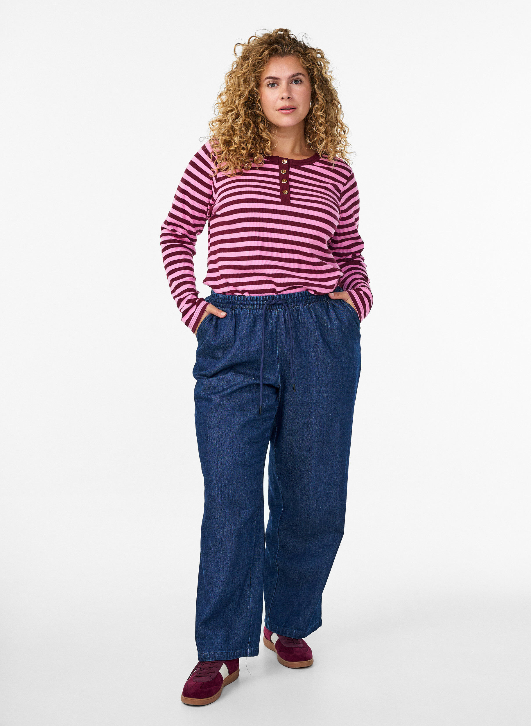 Zizzi Bluzka z dzianiny w paski o prazkowanej fakturze, R&oacute;żowy, Model image number 1