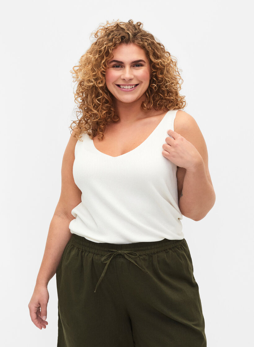 Dzianinowy top z dekoltem w szpic, Cloud Dancer, Model image number 0