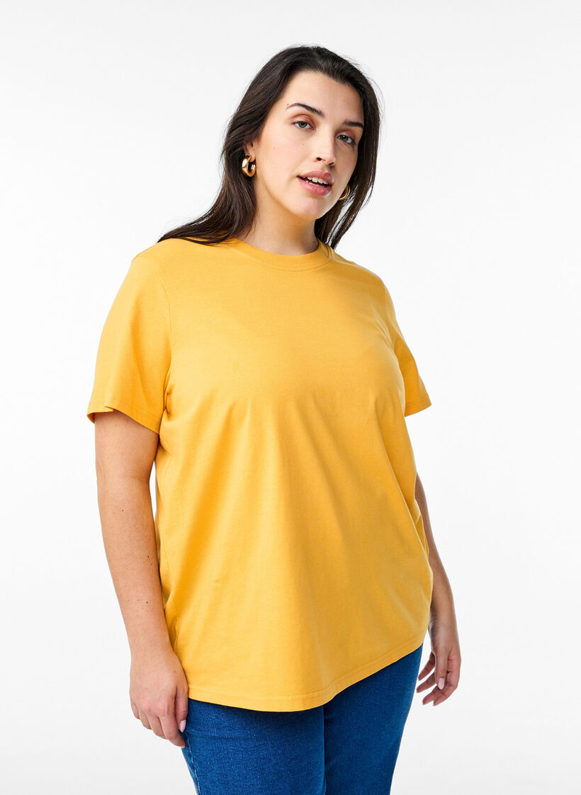 Podstawowa koszulka bawelniana z okraglym dekoltem, Ż&oacute;łty, Model image number 0