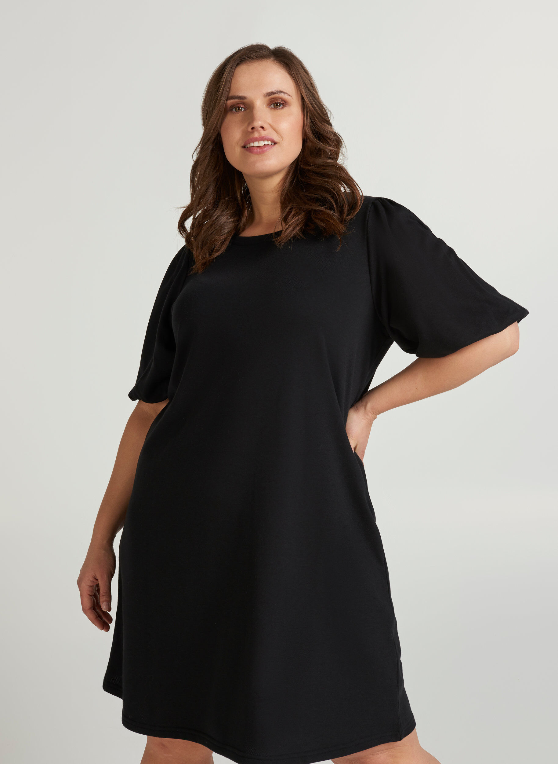 Zizzi Sweater dress with puff sleeves, Black, Model image number 0
