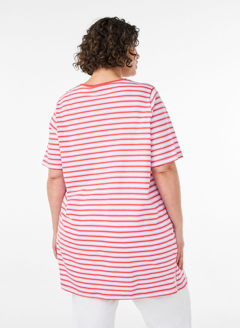 Dluga koszulka oversize w paski z bawelny organicznej, Fioletowy, Model image number 2