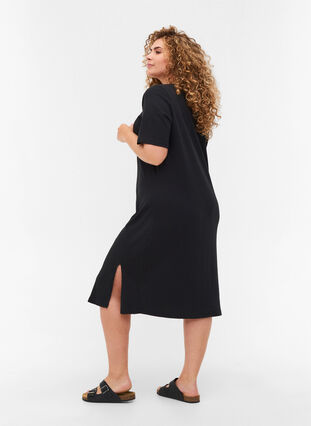 Short-sleeved dress in a ribbed fabric , Black, Model image number 1