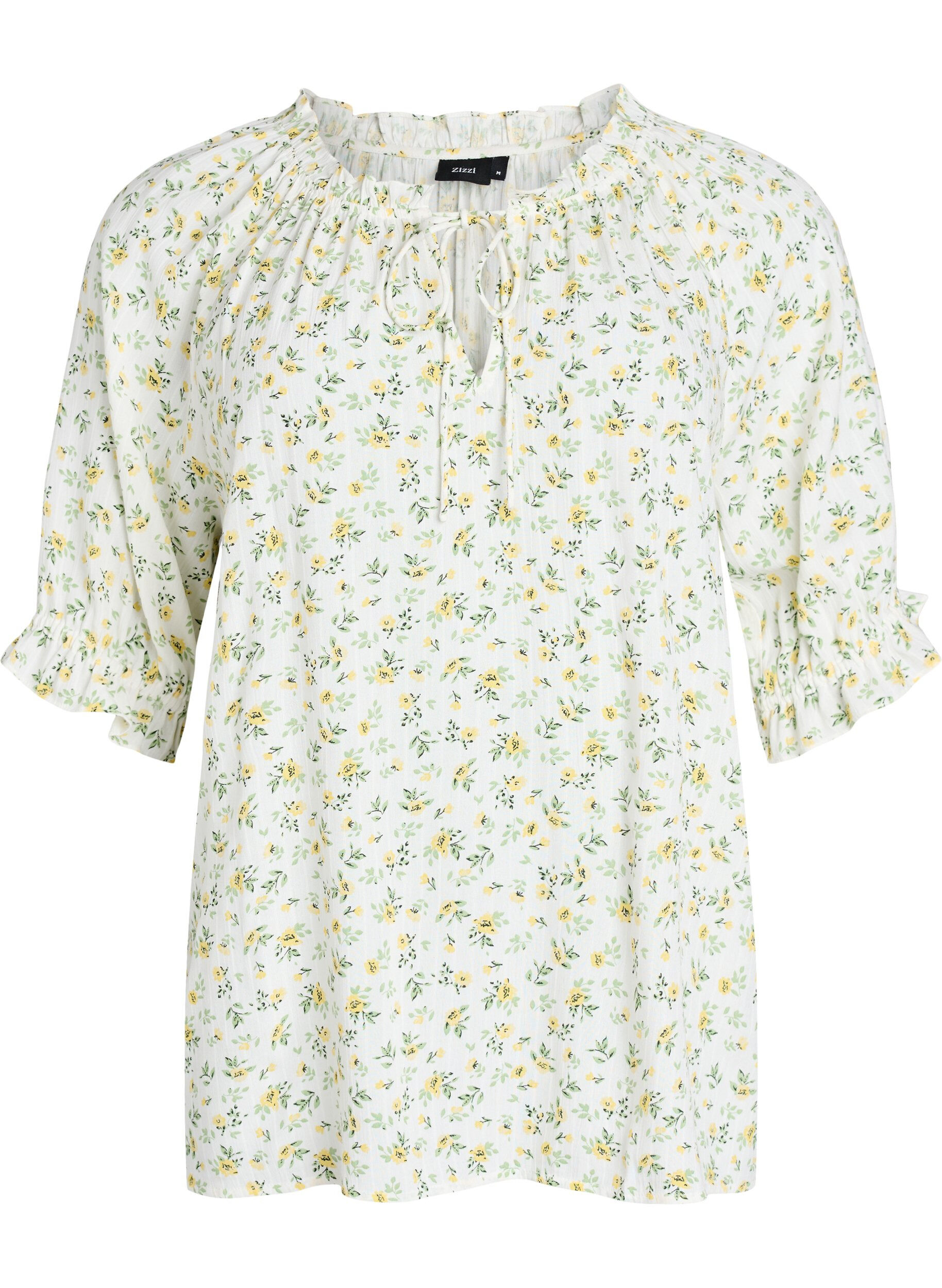 ZizziKwiatowa bluzka z wiskozy z rekawami do polowy, Biały, Packshot image number 0