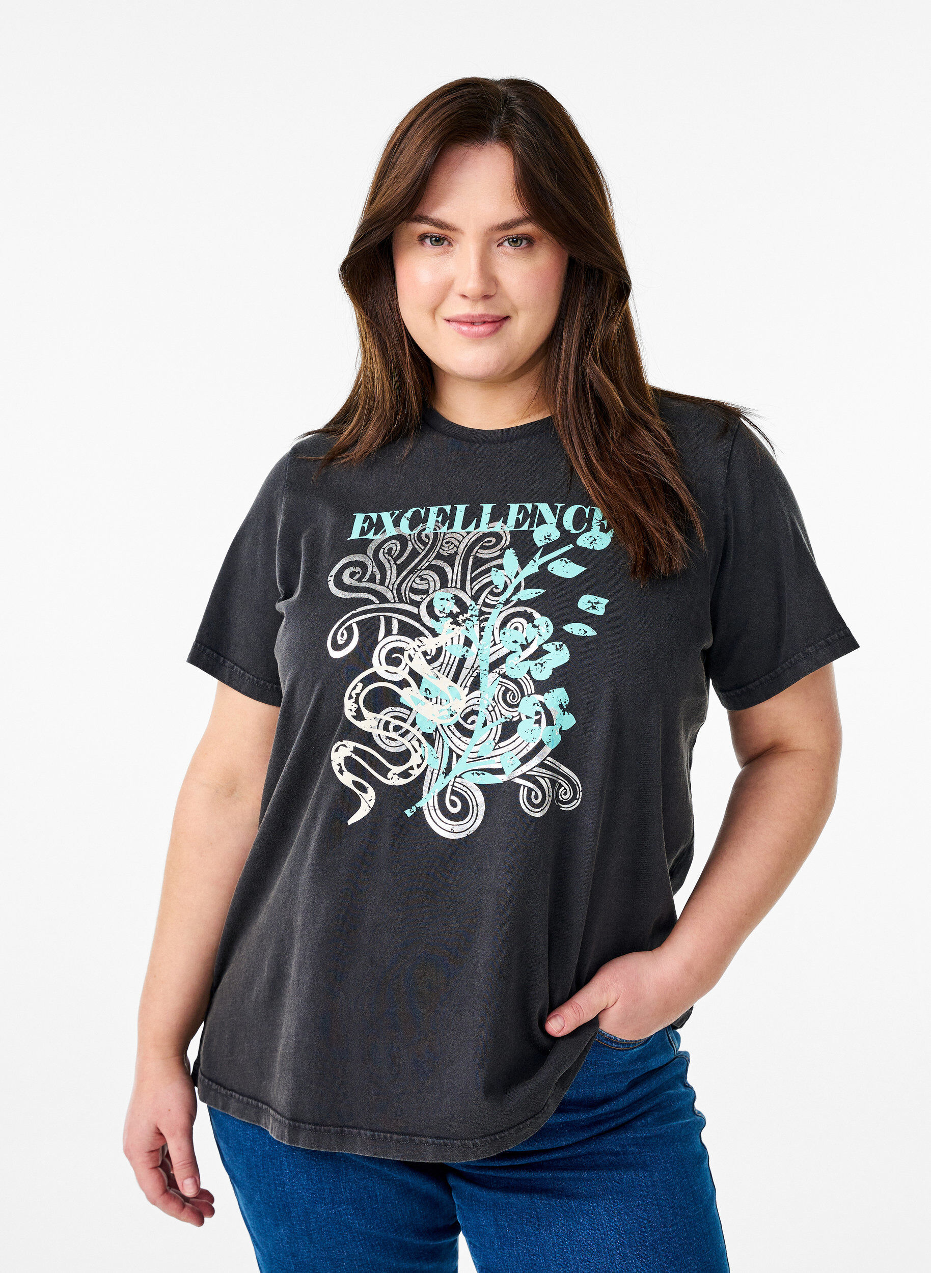 Zizzi Koszulka z bawelny organicznej z fajnym nadrukiem, Ciemnoszary, Model image number 0