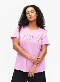 Bawelniana koszulka z nadrukiem tekstowym, Rosebloom w. Flower, Model
