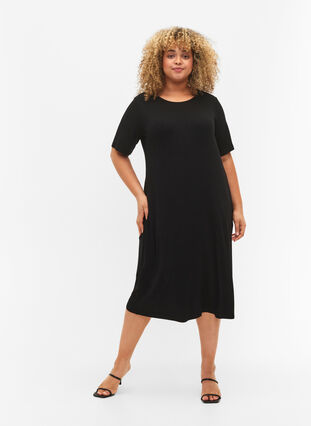 Wiskozowa sukienka midi z krótkimi rekawami, Black, Model image number 2