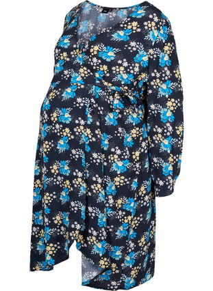 Kopertowa sukienka ciazowa z wiskozy w kwiaty, Blue Flower AOP, Packshot image number 0