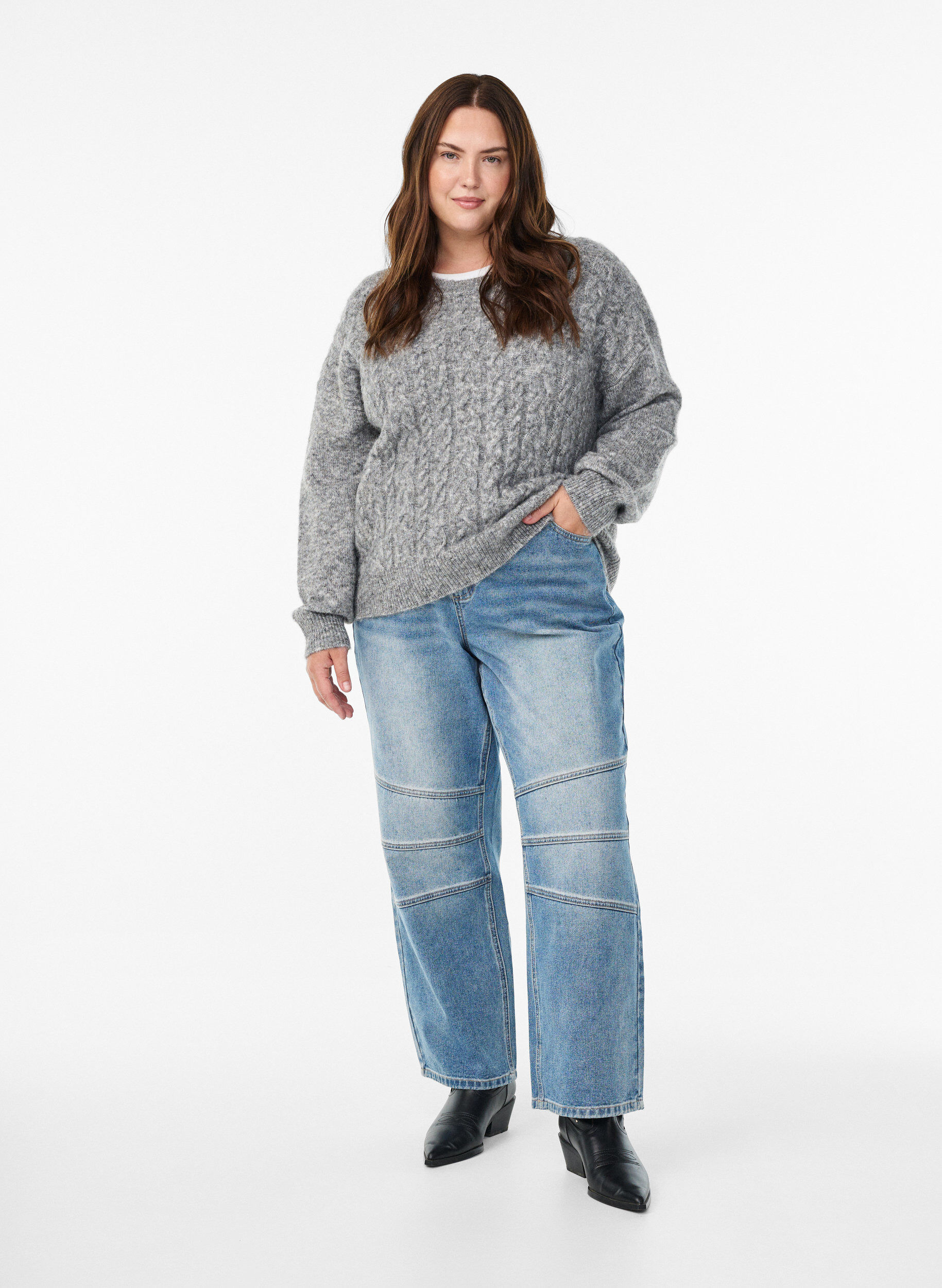 Zizzi Bluzka z dzianiny o splocie warkoczowym, Szary, Model image number 1