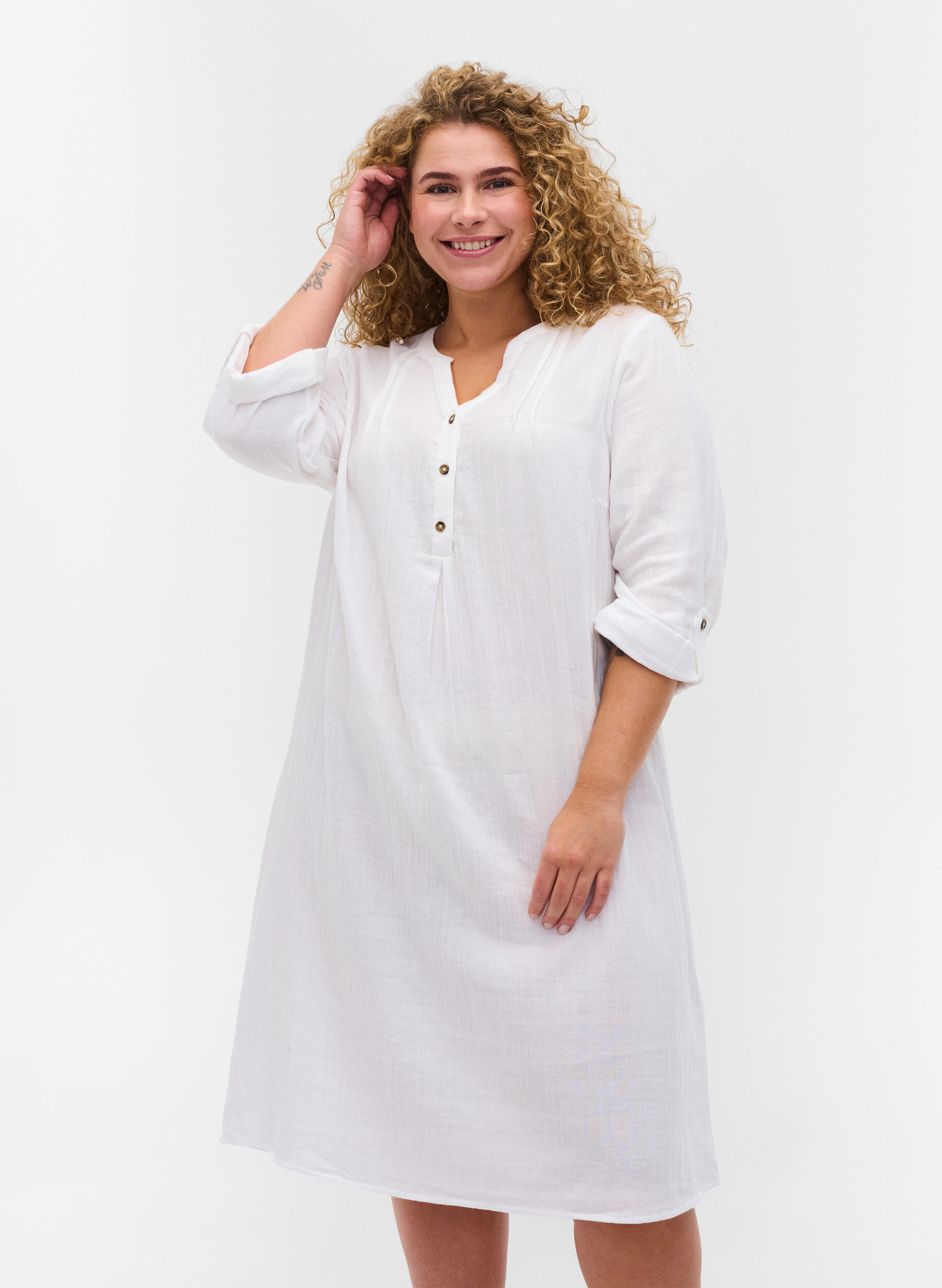 Zizzi Cotton dress with 3/4 sleeves, Bright White, Model image number 0