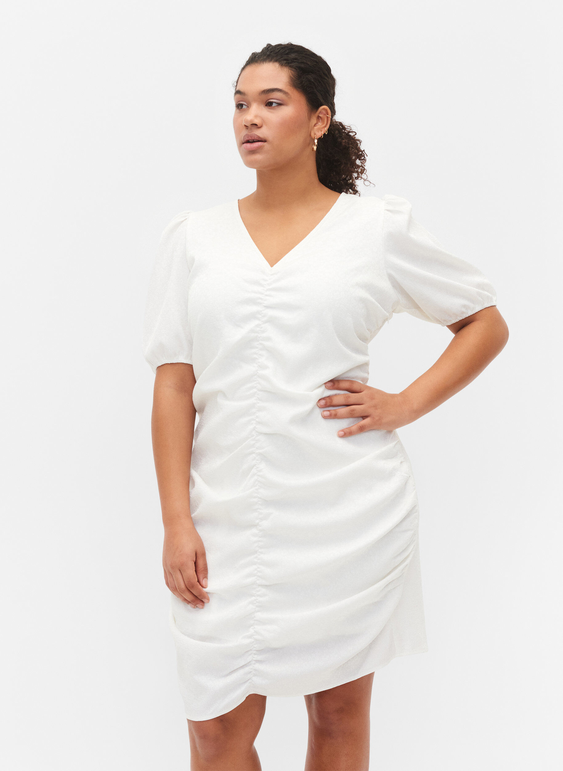 Zizzi Short sleeve dress with draping, Bright White, Model image number 0