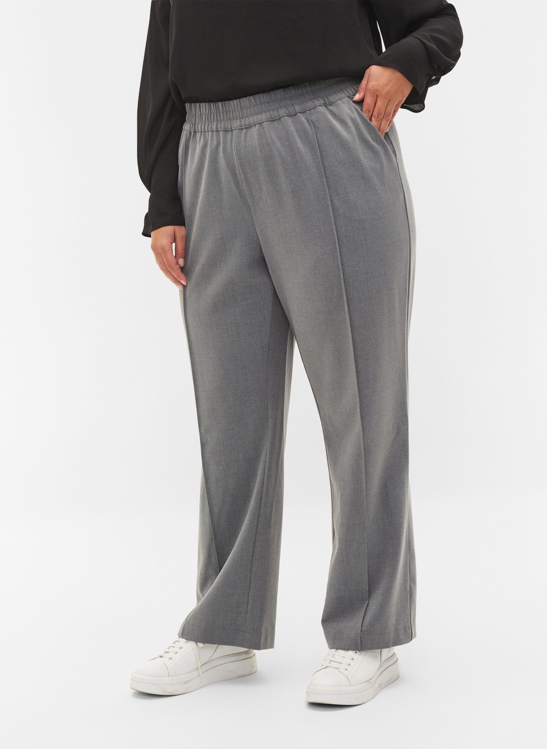 Zizzi Grey melange trousers with elastic waist, Medium Grey Melange, Model image number 1