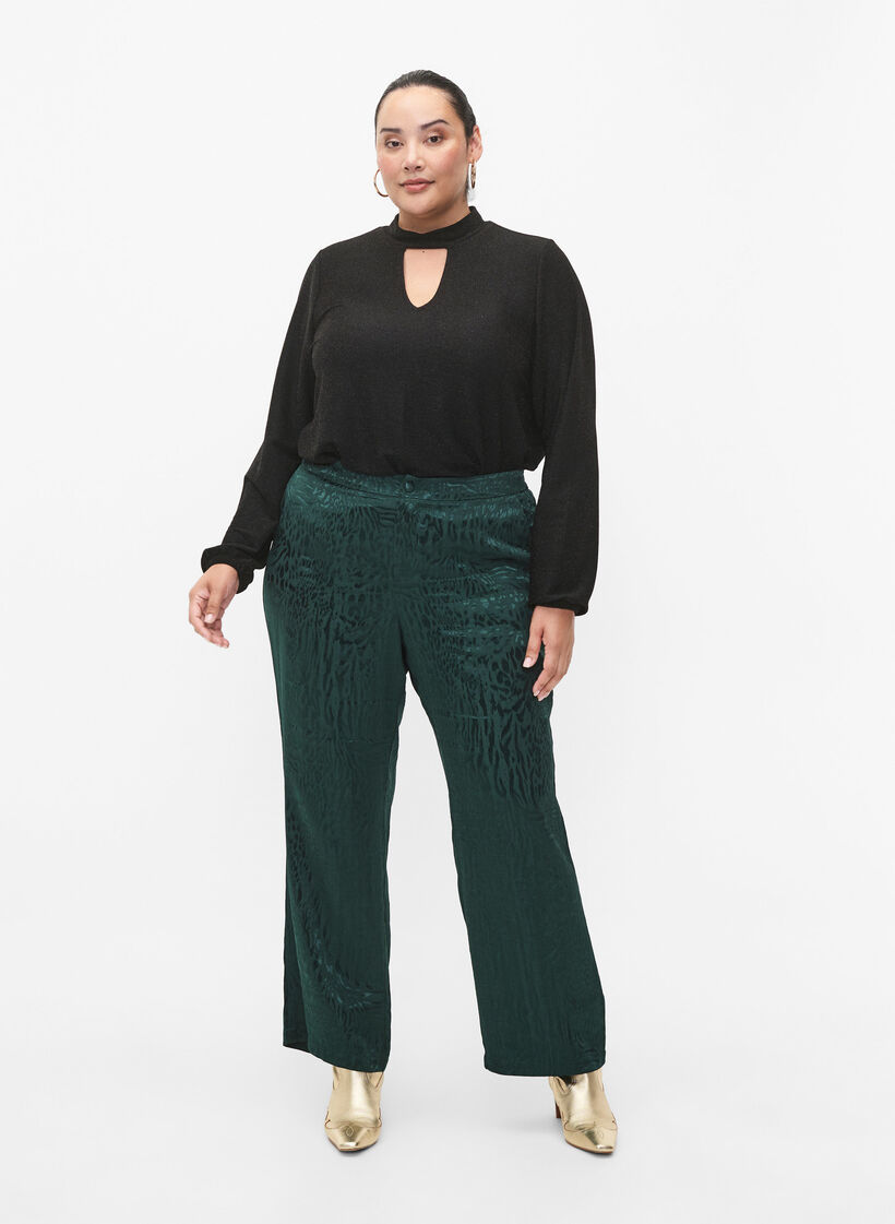 Brokatowa bluzka z dlugimi rekawami, okraglym dekoltem i detalami w serek, Black Black, Model image number 3