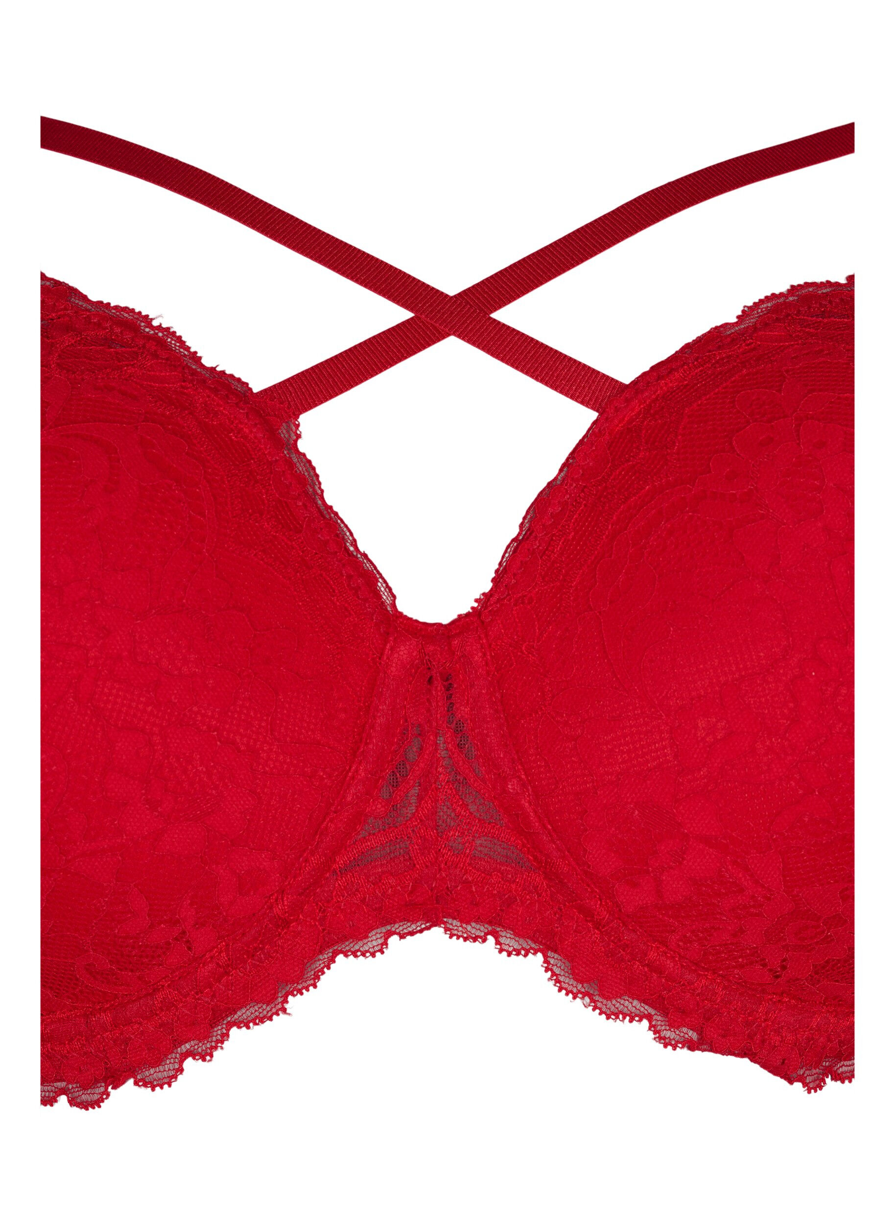 Zizzi Padded bra with lace and cross detail, Red Ass., Packshot image number 2
