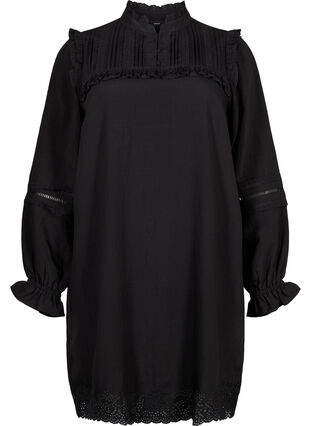 Wiskozowa sukienka z haftem angielskim i detalami z falbanami, Black, Packshot image number 0