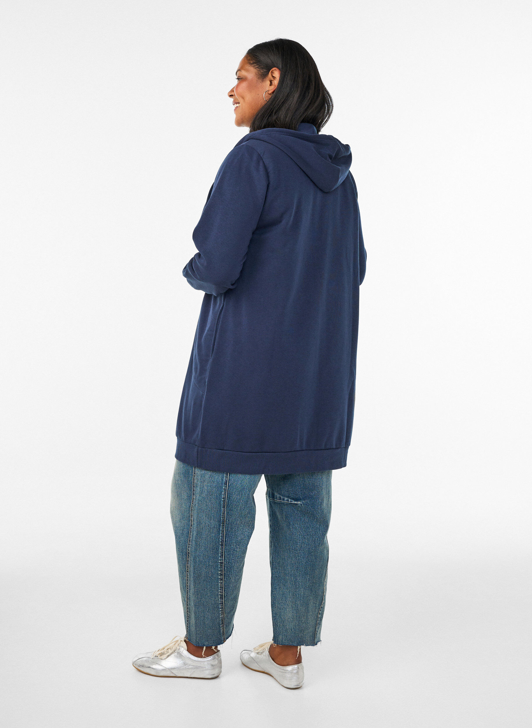 ZizziDluga bluza z kapturem, zamkiem blyskawicznym i kieszeniami, Niebieskie, Model image number 2