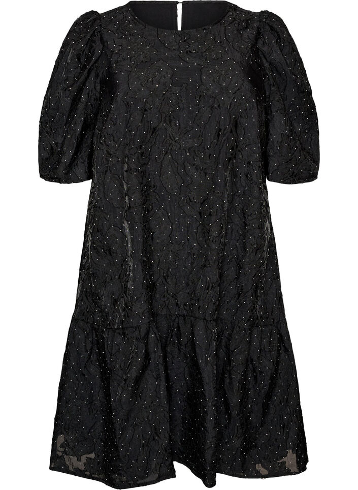 Zakardowa sukienka z blyszczacymi detalami i bufiastymi rekawami, Czarne, Packshot image number 0