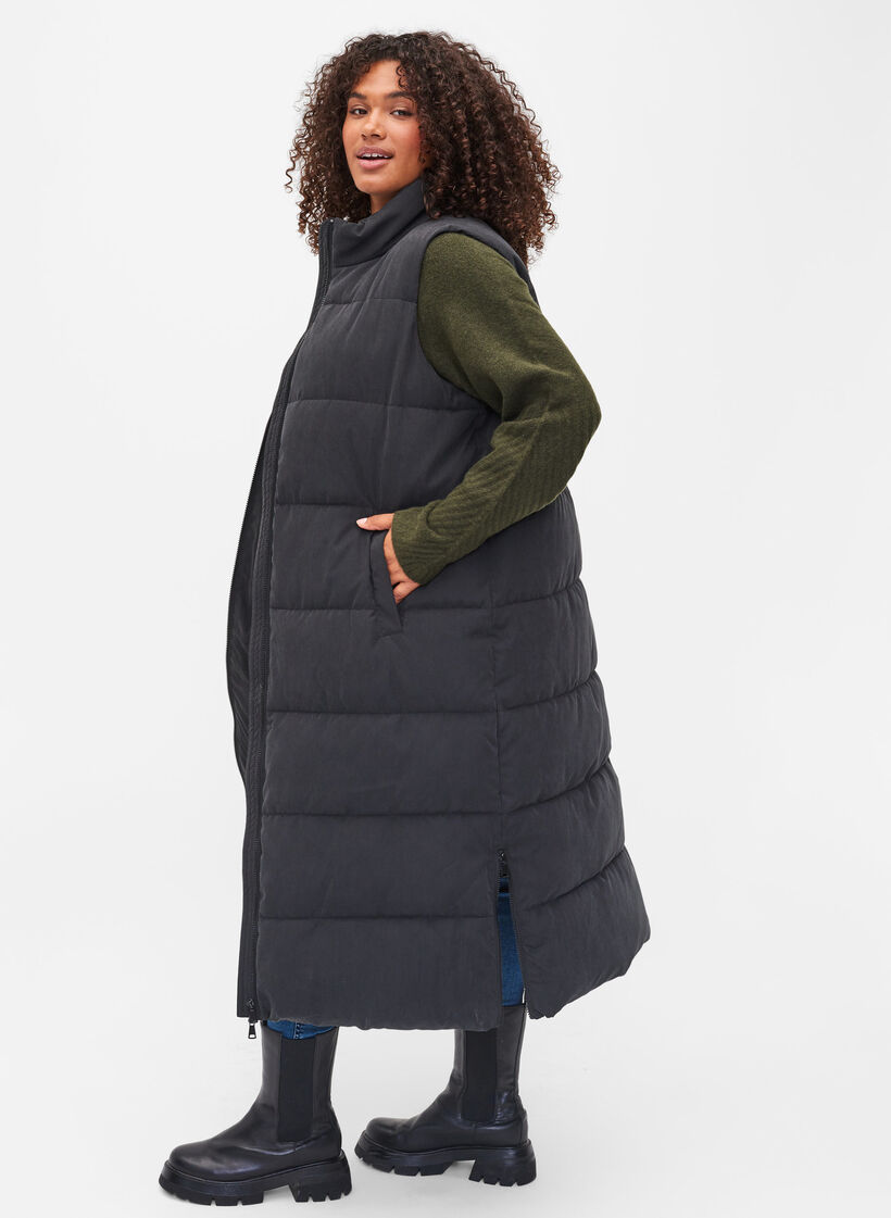 Dluga kamizelka z wysokim kolnierzem i kieszeniami, Black, Model image number 1