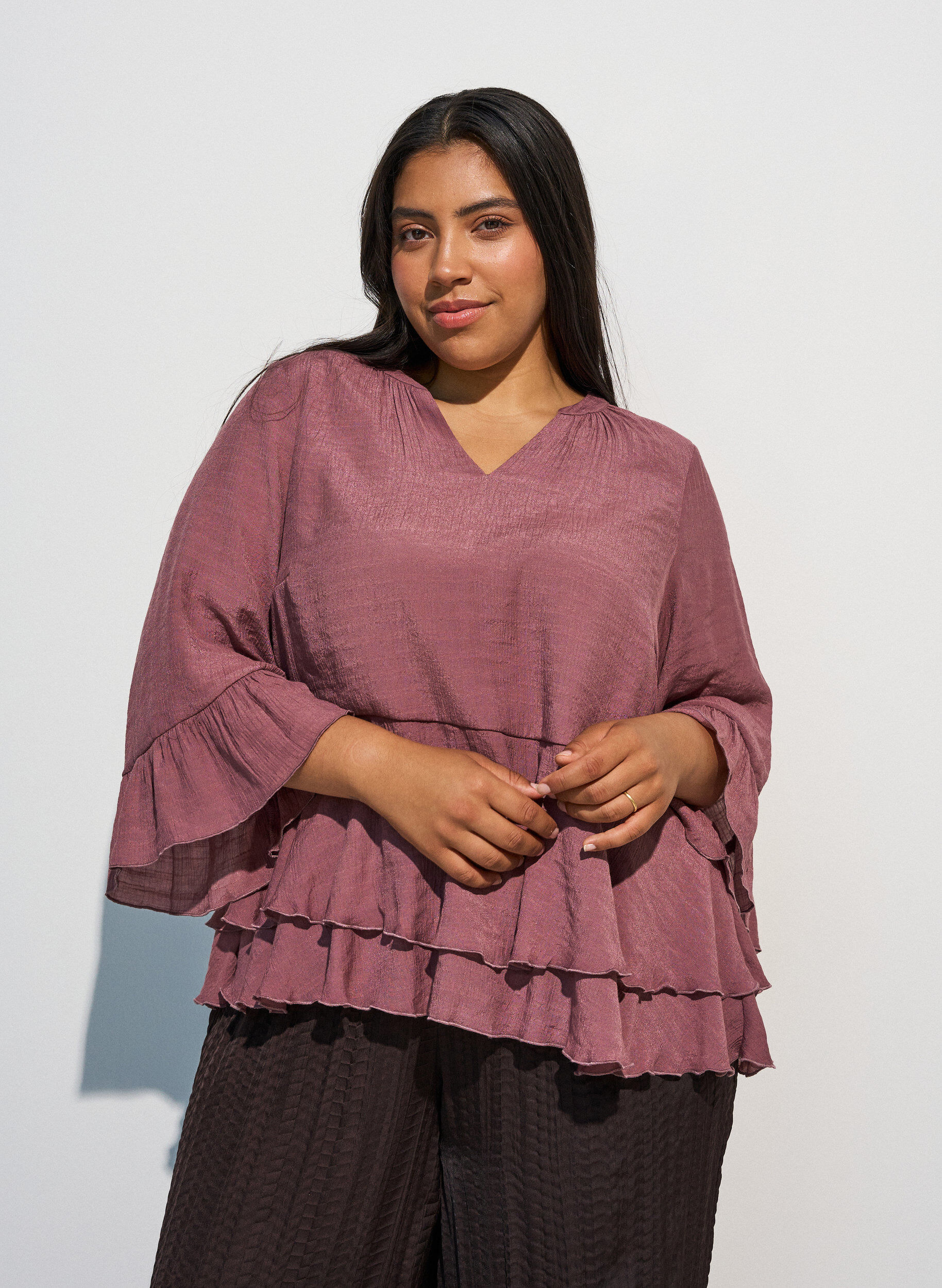 Bluzka z 3/4-sleeves i falbankami, R&oacute;żowy, Model