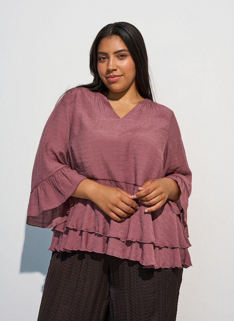 Bluzka z 3/4-sleeves i falbankami, R&oacute;żowy, Model image number 0