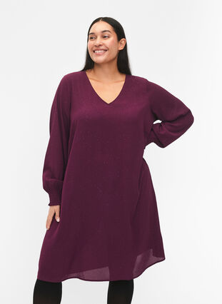 FLASH - Sukienka z dlugim rekawem i brokatem, Purple w. Silver, Model image number 0