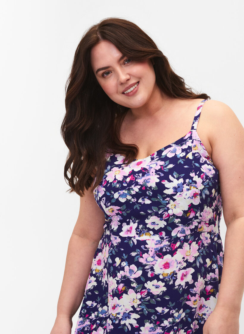 Marszczona wiskozowa sukienka w kwiaty, na ramiaczkach, Blue Flower, Model image number 3