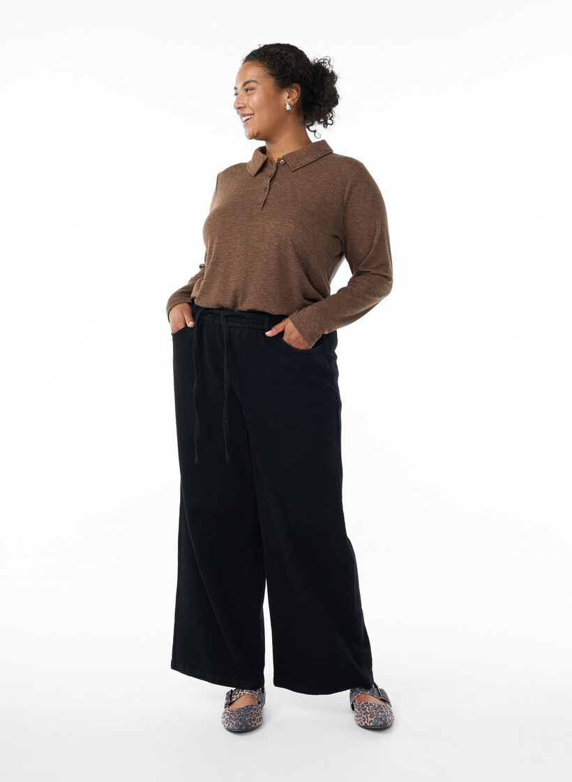 Polo z dlugim rekawem z zeberkowanej jakosci, Brązowy, Model image number 1