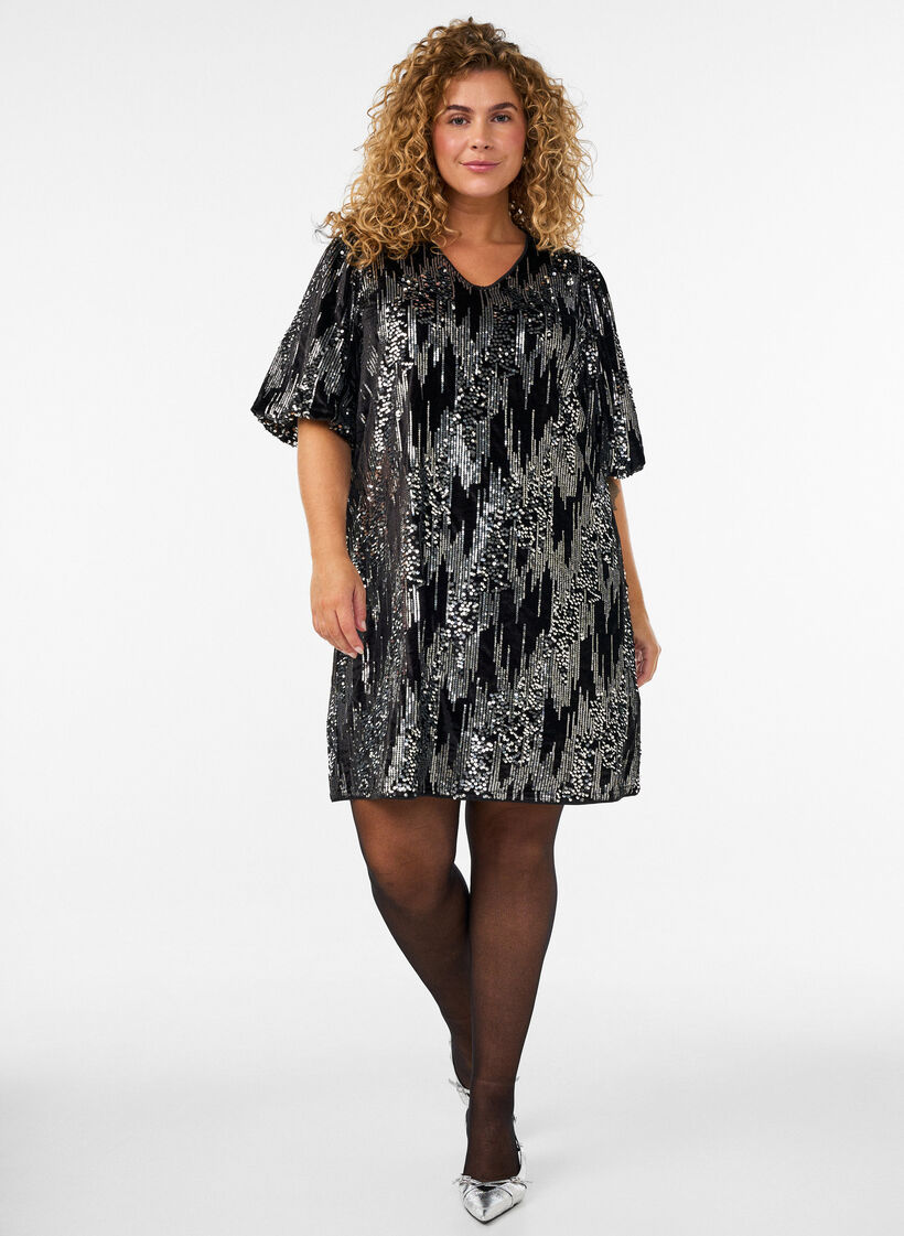 Kr&oacute;tka cekinowa sukienka z bufiastymi rekawami, Czarne, Model image number 0