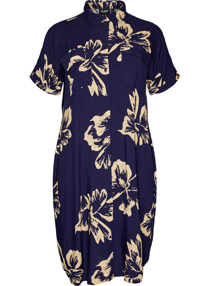 Dluga koszulowa sukienka z kr&oacute;tkim rekawem, Niebieskie, Packshot image number 0