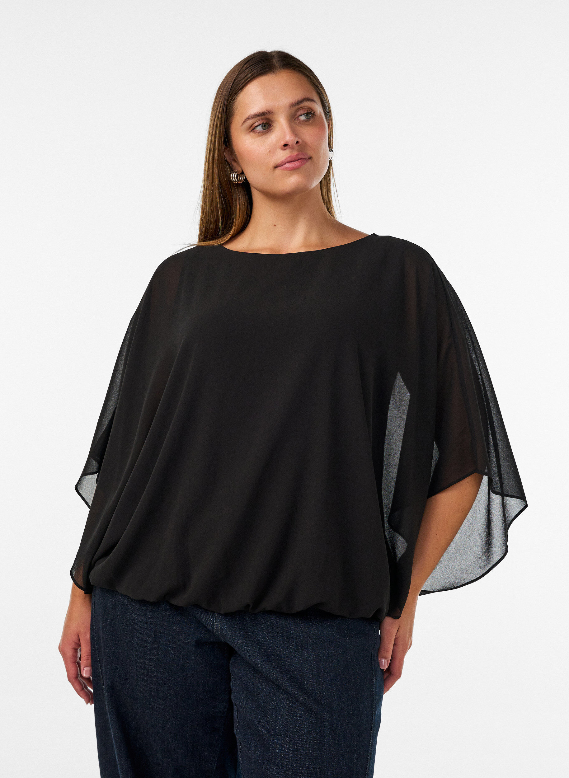 ZizziSzyfonowa bluzka z efektem balonu, Czarne, Model image number 0