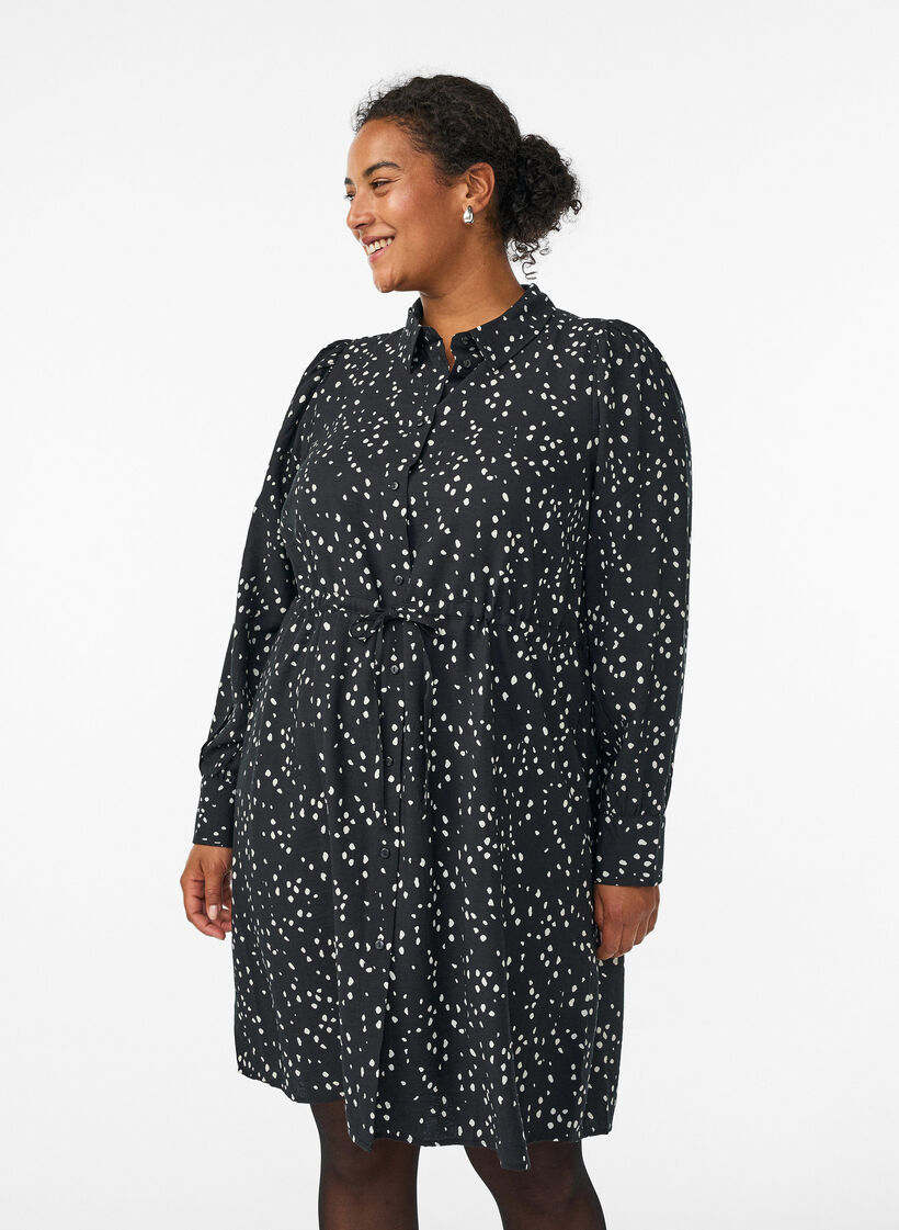 Sukienka koszulowa z pasem i nadrukiem, Czarne, Model image number 0