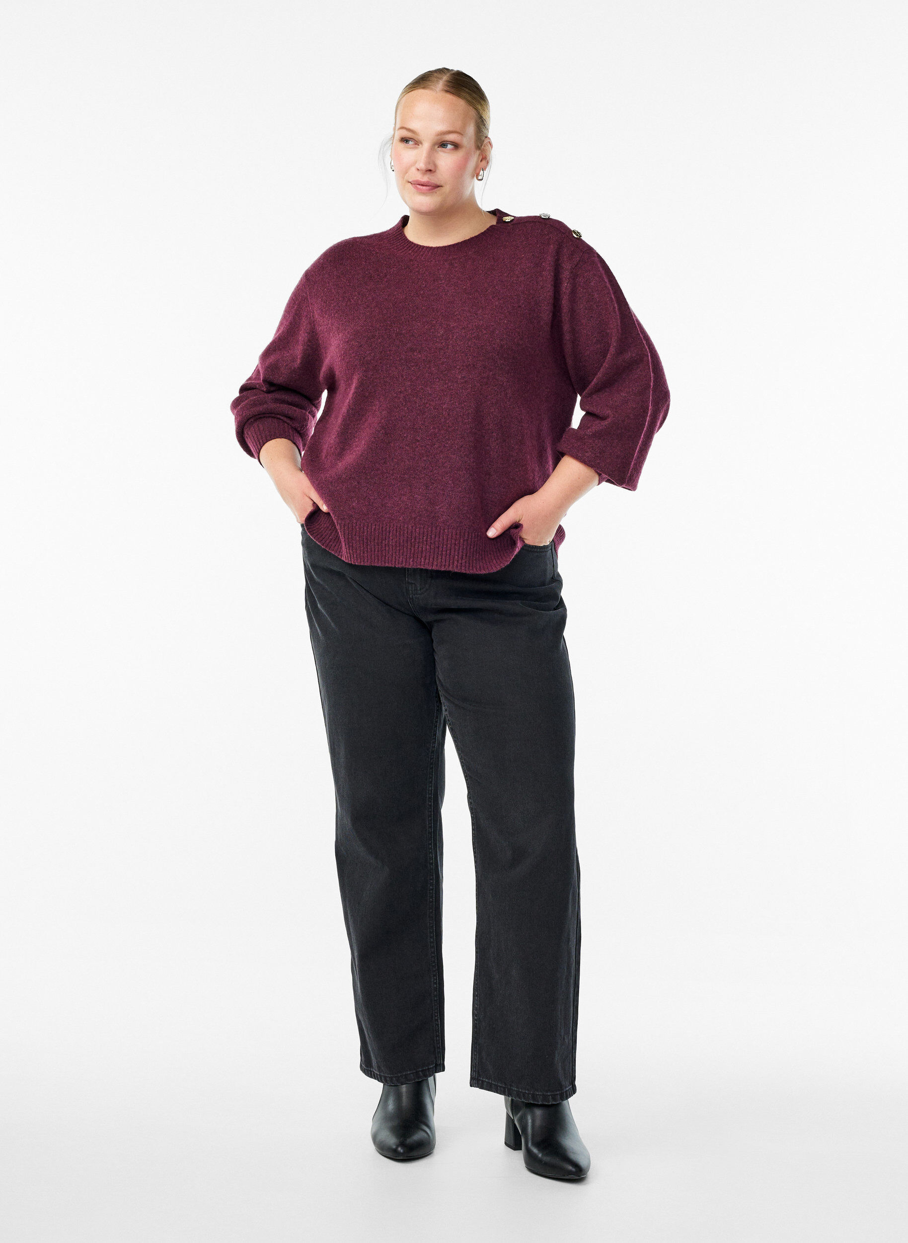 Zizzi Bluzka dzianinowa z ozdobnym guzikiem, Ciemnobordowy, Model image number 1