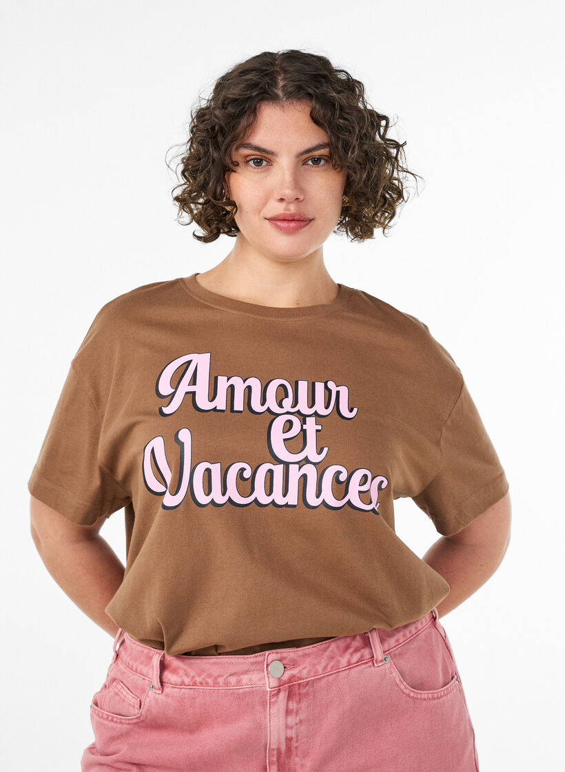 T-shirt z kr&oacute;tkim rekawem i nadrukiem ze 100 % bawelny, Brązowy, Model image number 0
