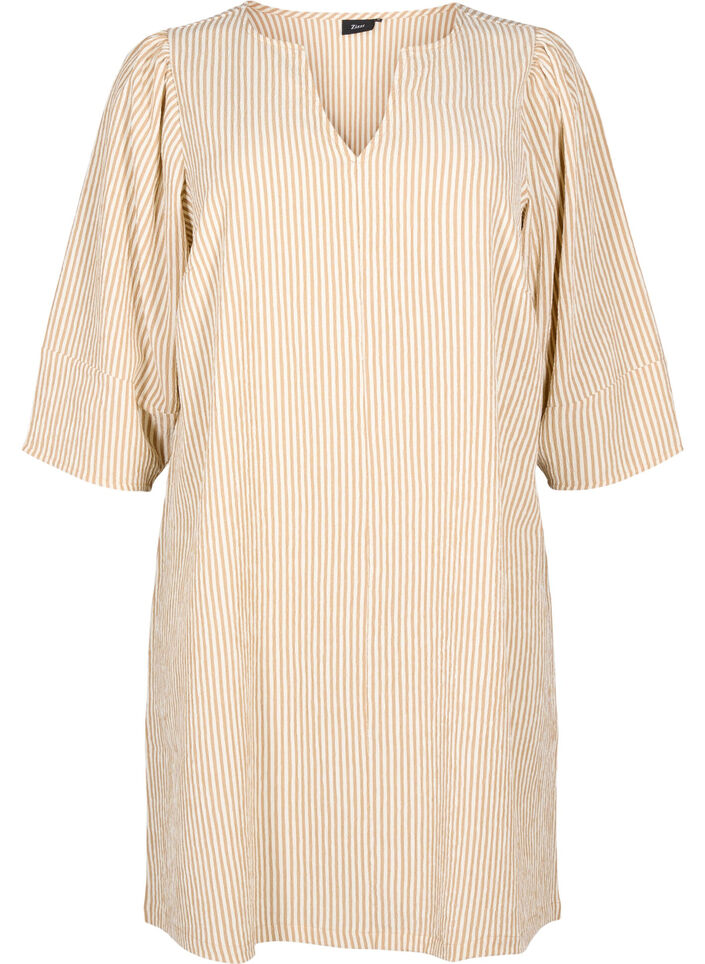 Pasiasta sukienka z rekawem 3/4, Camel Stripe, Packshot image number 0