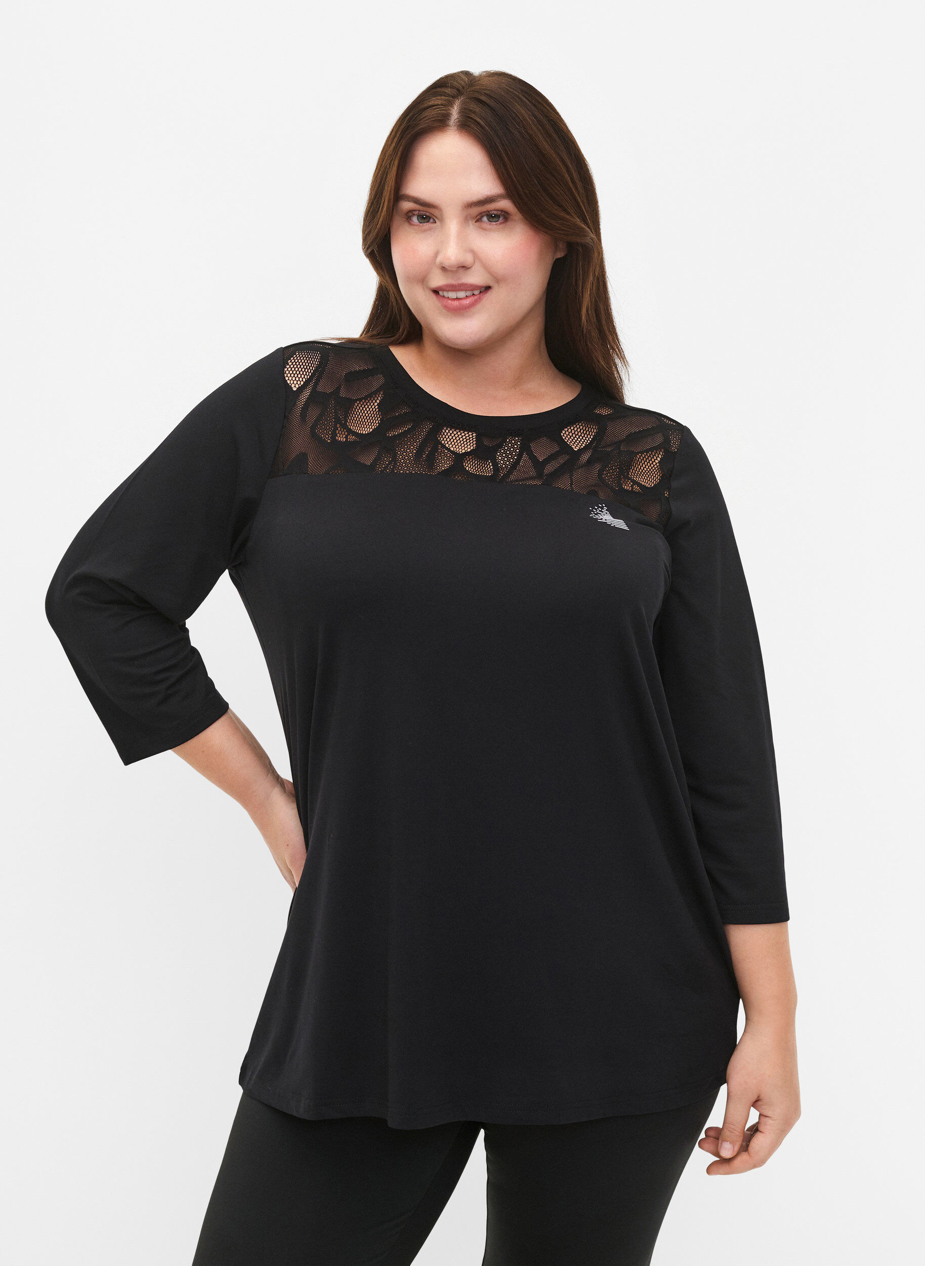 Zizzi Koszulka treningowa z rekawami 3/4 i wzorzysta siateczka, Black, Model image number 0