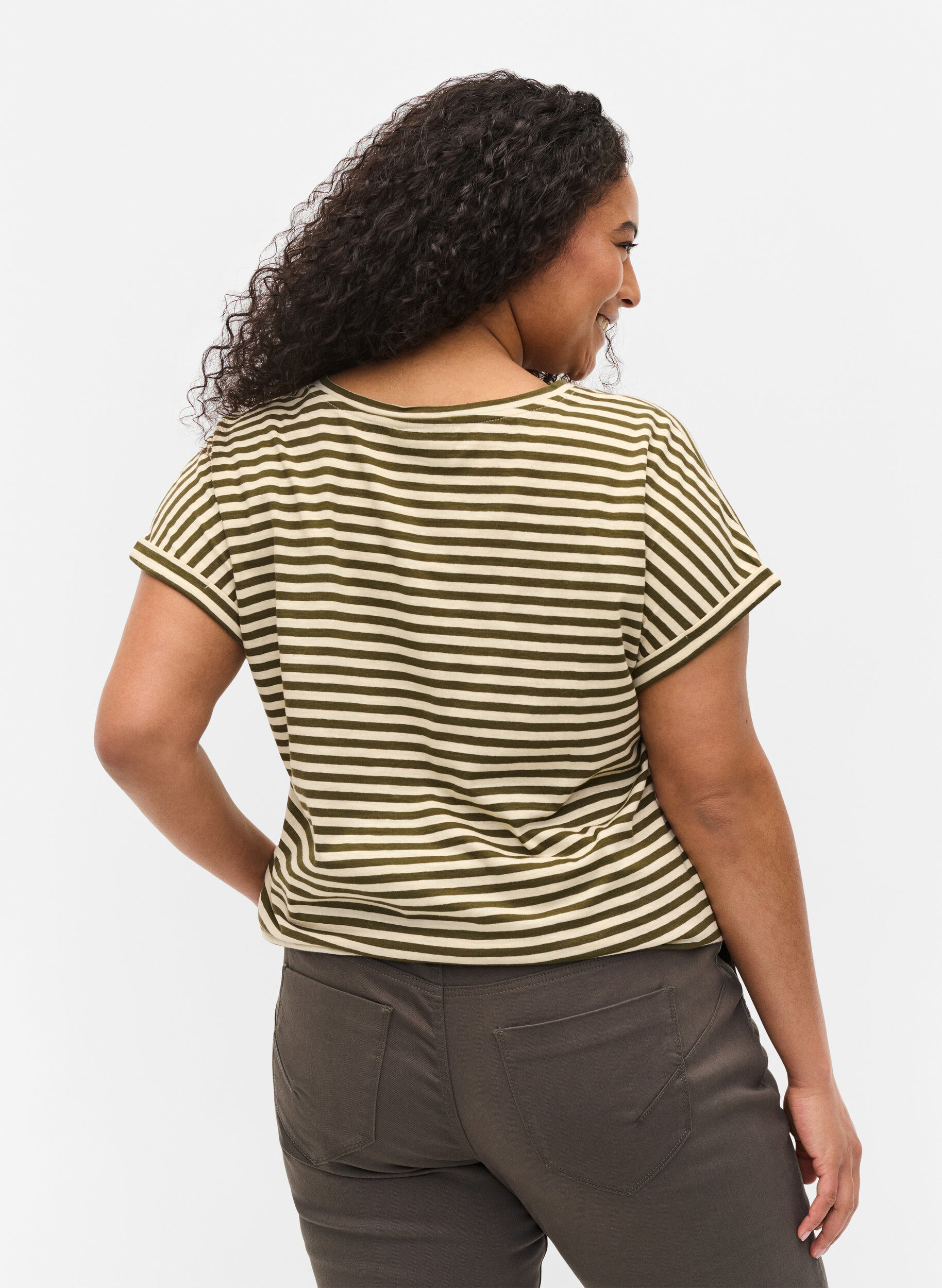Zizzi Striped cotton t-shirt, Ivy Green Y/D, Model image number 1