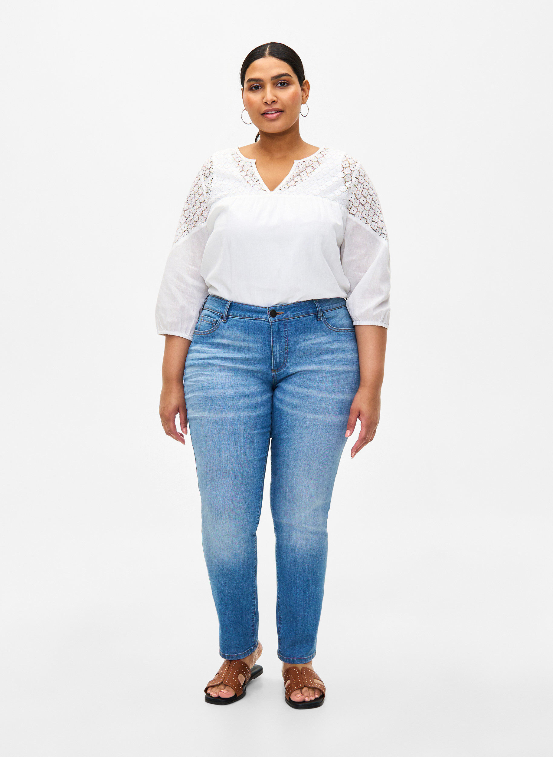 Zizzi Bluzka z mieszanki bawelny z lnem i szydelkowymi detalami, Bright White, Model image number 2