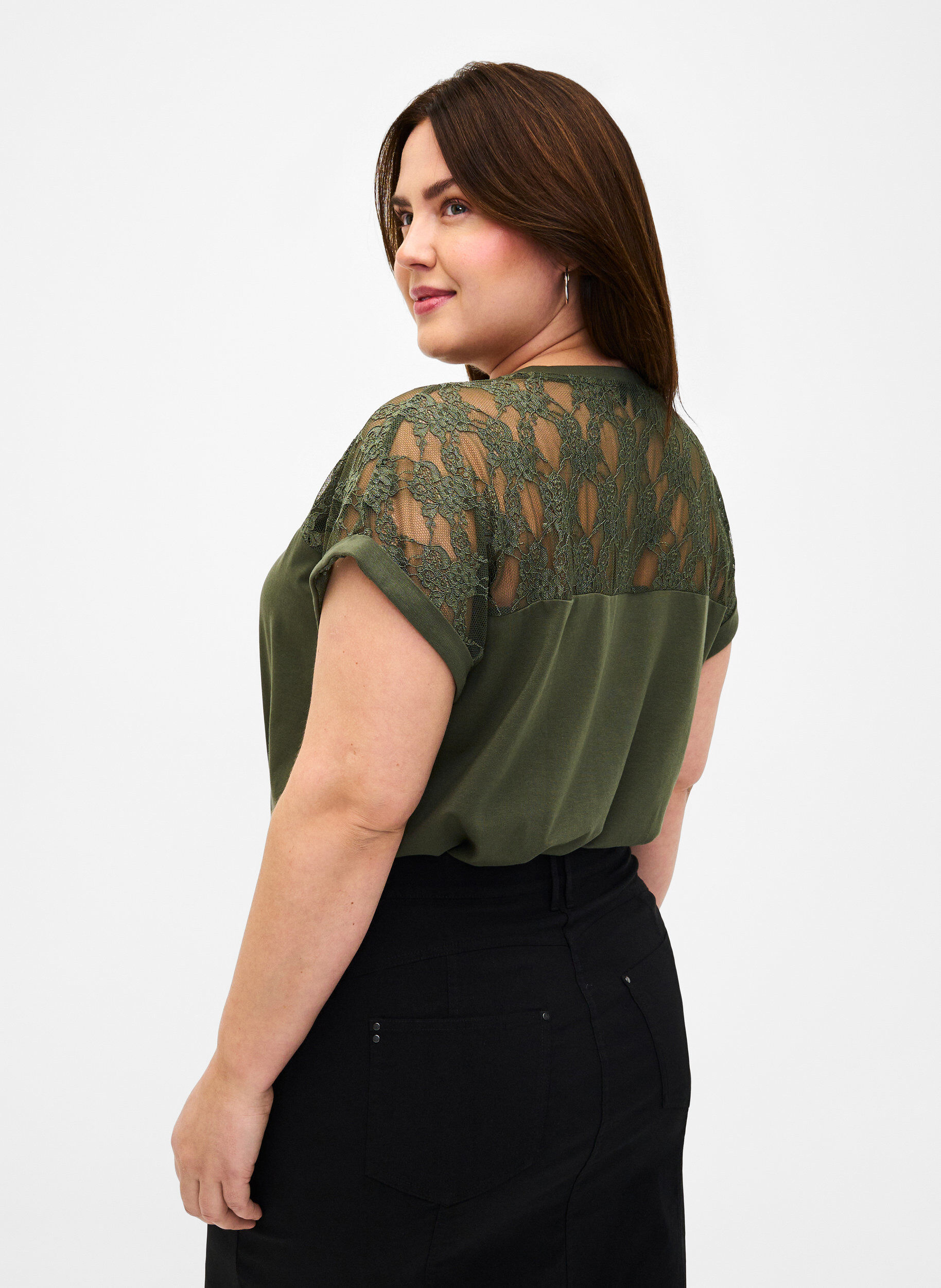 Zizzi Bawelniana koszulka z kr&oacute;tkim rekawem i koronka, Thyme, Model image number 1