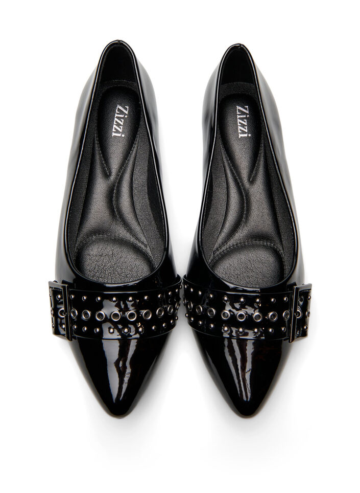 Szerokie - Baleriny z paskiem i cwiekami, Czarne, Packshot image number 2