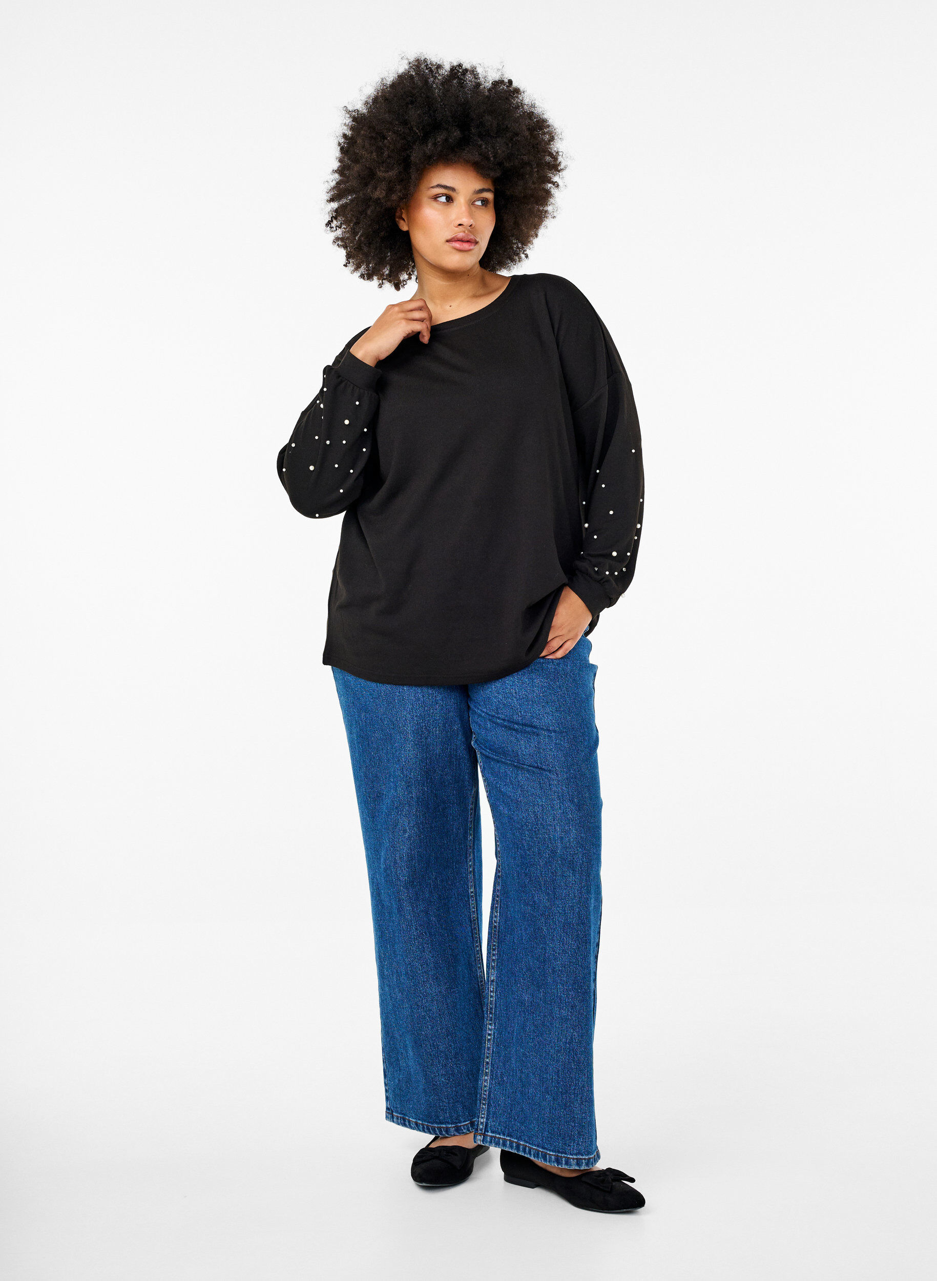 ZizziJednokolorowa bluzka z perlami, Black, Model image number 2