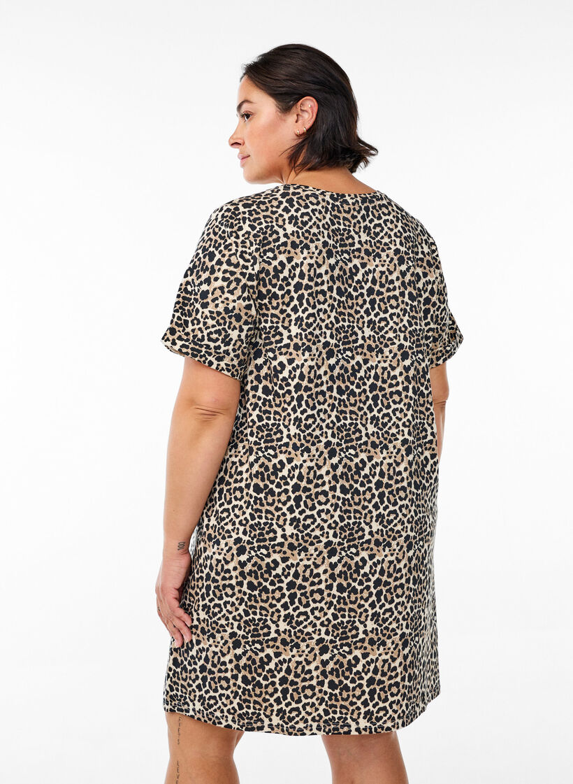 Krótka sukienka T-shirtowa w krate z bawelnianej dzianiny, Brązowy, Model image number 1