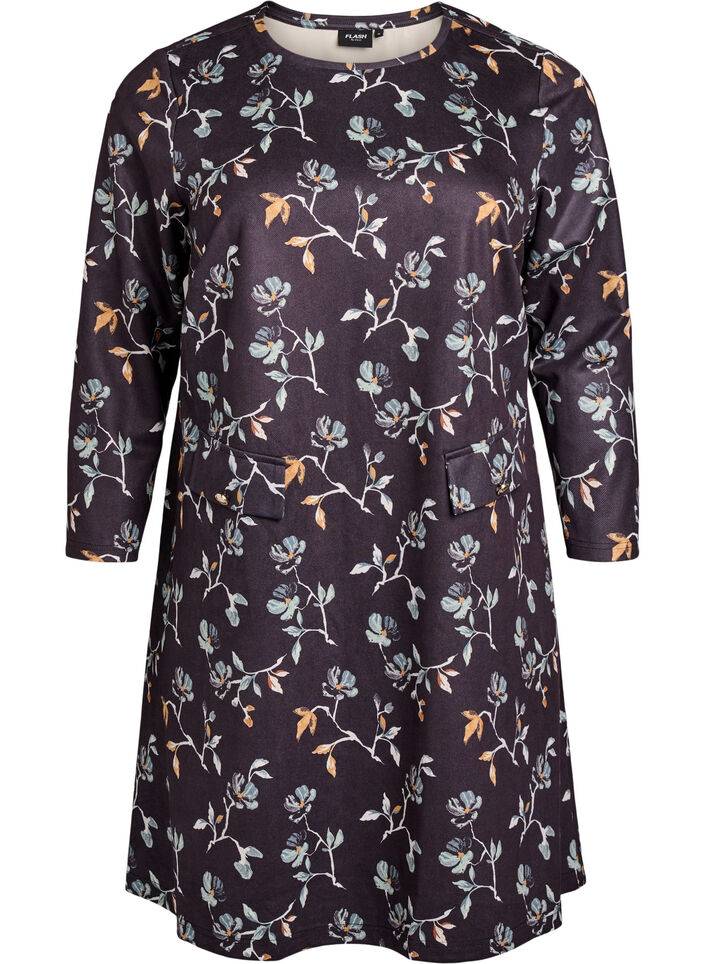 Krótka sukienka o kroju trapezowym z rekawami 7/8, Czarne, Packshot image number 0