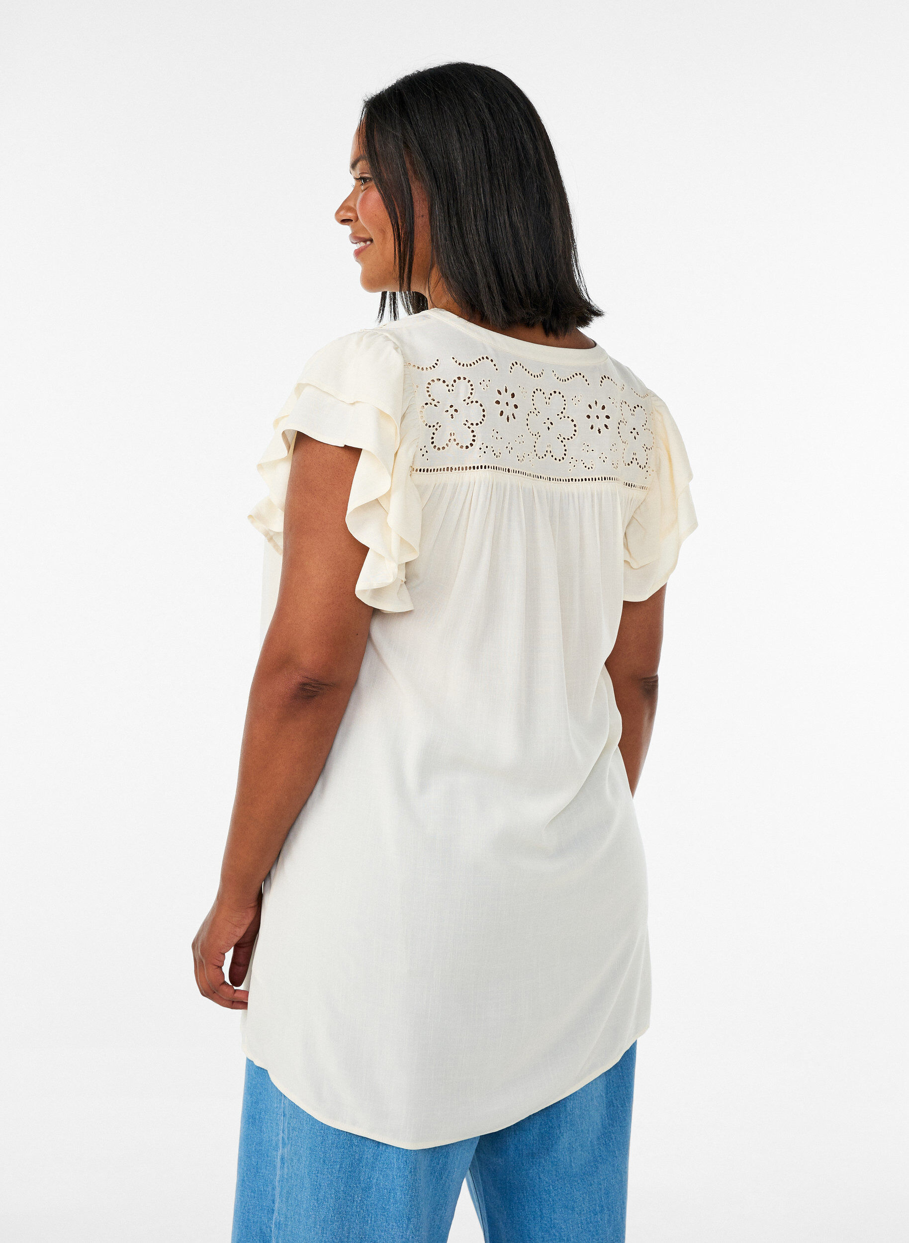 ZizziTunika z broderie anglaise i rekawami z falbana, Beżowy, Model image number 2