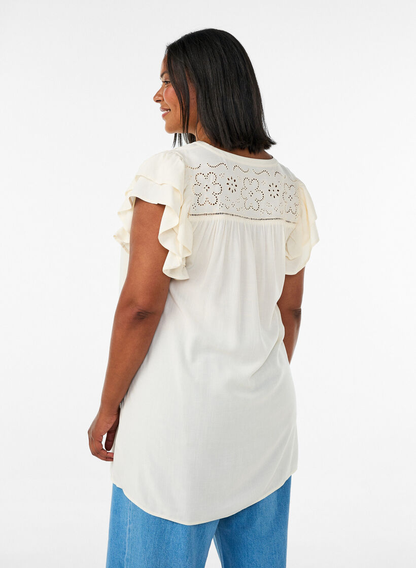 Tunika z broderie anglaise i rekawami z falbana, Beżowy, Model image number 2