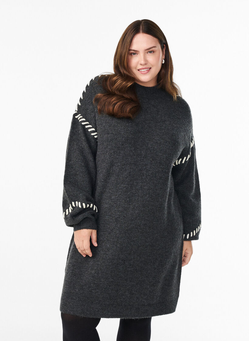 Dzianinowa sukienka z kontrastowymi szwami, Ciemnoszary, Model image number 0