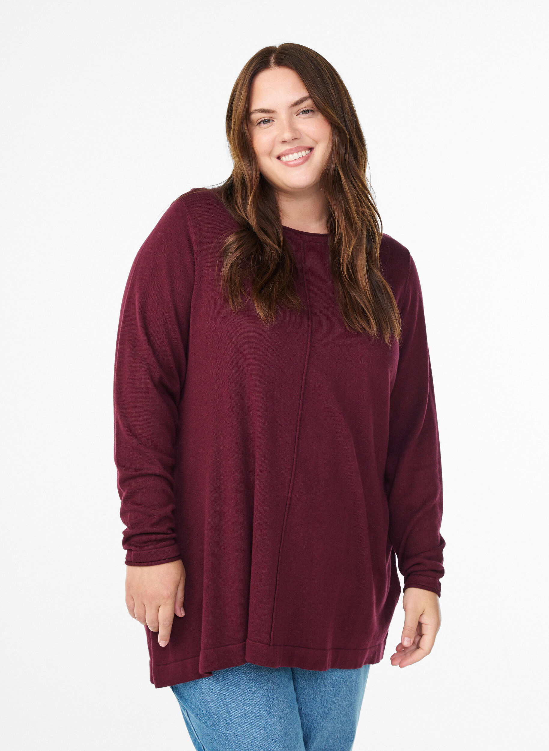 Dzianinowa bluzka z mieszanki bawelny i wiskozy, Ciemnobordowy, Model