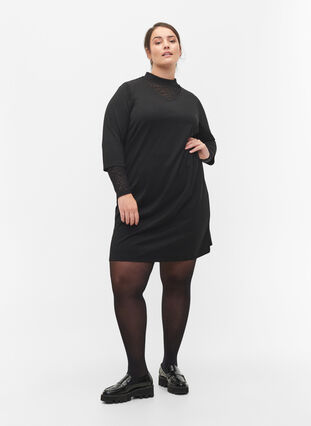 Gladka sukienka z dekoltem w szpic i rekawami 3/4, Black, Model image number 2